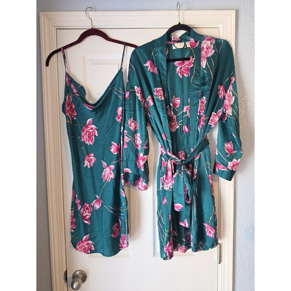 Victoria's Secret Gold Label Silk Vintage Nightgown & Robe Green Pink Floral PS